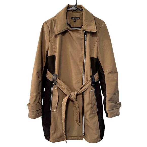 Nordstrom Via Spiga M Rain Jacket Longline Belted Trench Coat Tan Black - Picture 1 of 7